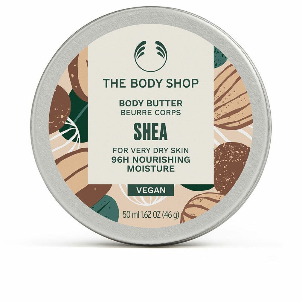 Barattolo rotondo "The Body Shop Body Butter Shea". Scritto: "For very dry skin 96H nourishing moisture". Vegano.