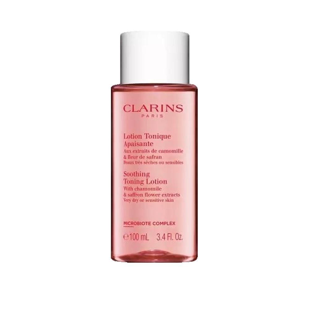 Piccolo flacone rosa con tappo bianco. Scritte: CLARINS, Lotion Tonique Apaisante, Soothing Toning Lotion.