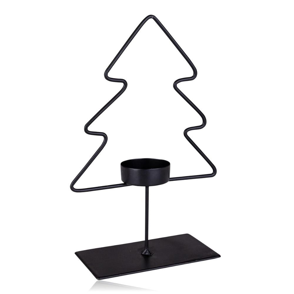 Portacandele nero a forma di albero di Natale. Struttura metallica con portacandele rotondo su base rettangolare.