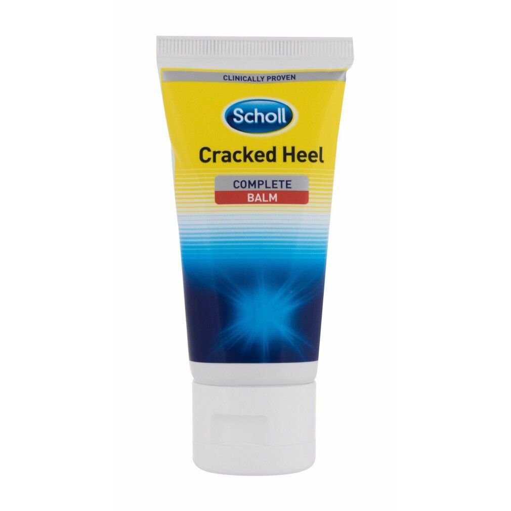 Scholl Cracked Heel Complete Balm. Tubo con tappo bianco. Scritta: Cracked Heel Complete Balm. Logo.