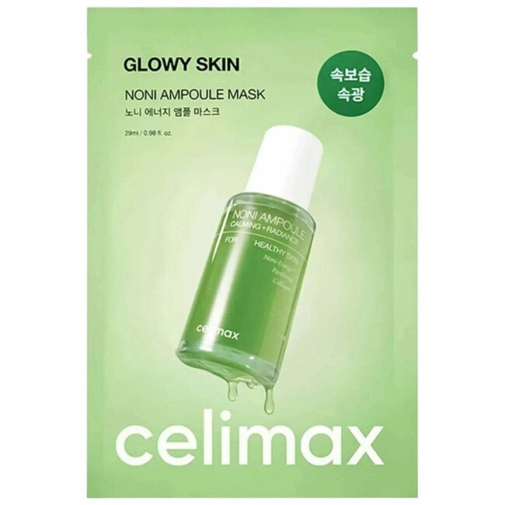 Celimax Noni Ampoule Mask bustina singola con illustrazione di bottiglia e testo.