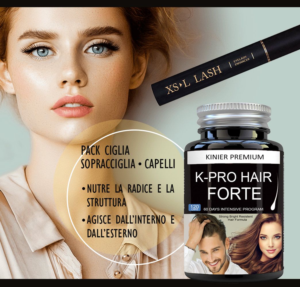 Flacone K-Pro Hair Forte e XS-Lash Eyelash Enhancer. Donna truccata. Testo: Pack Ciglia, Sopracciglia, Capelli.