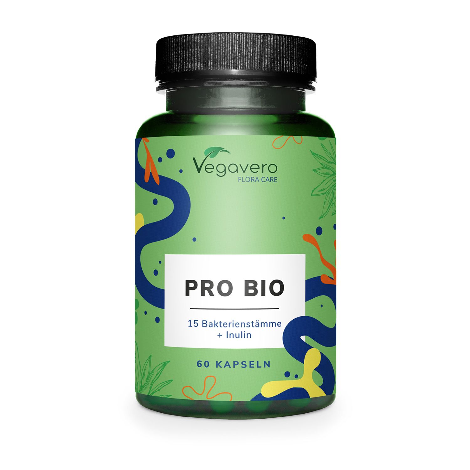 Bottiglia verde con tappo nero. Scritta: PRO BIO, 15 ceppi batterici + Inulina, 60 capsule. Marchio: Vegavaro.
