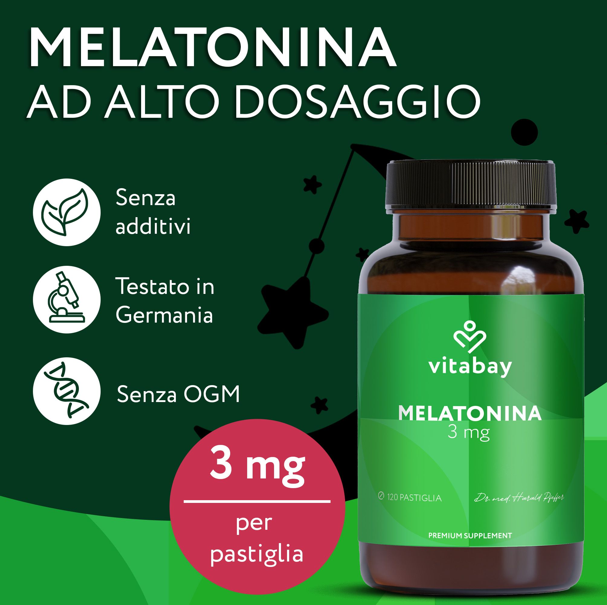 Flacone Vitabay Melatonin 3mg con etichetta, mostra informazioni nutrizionali e sigilli.