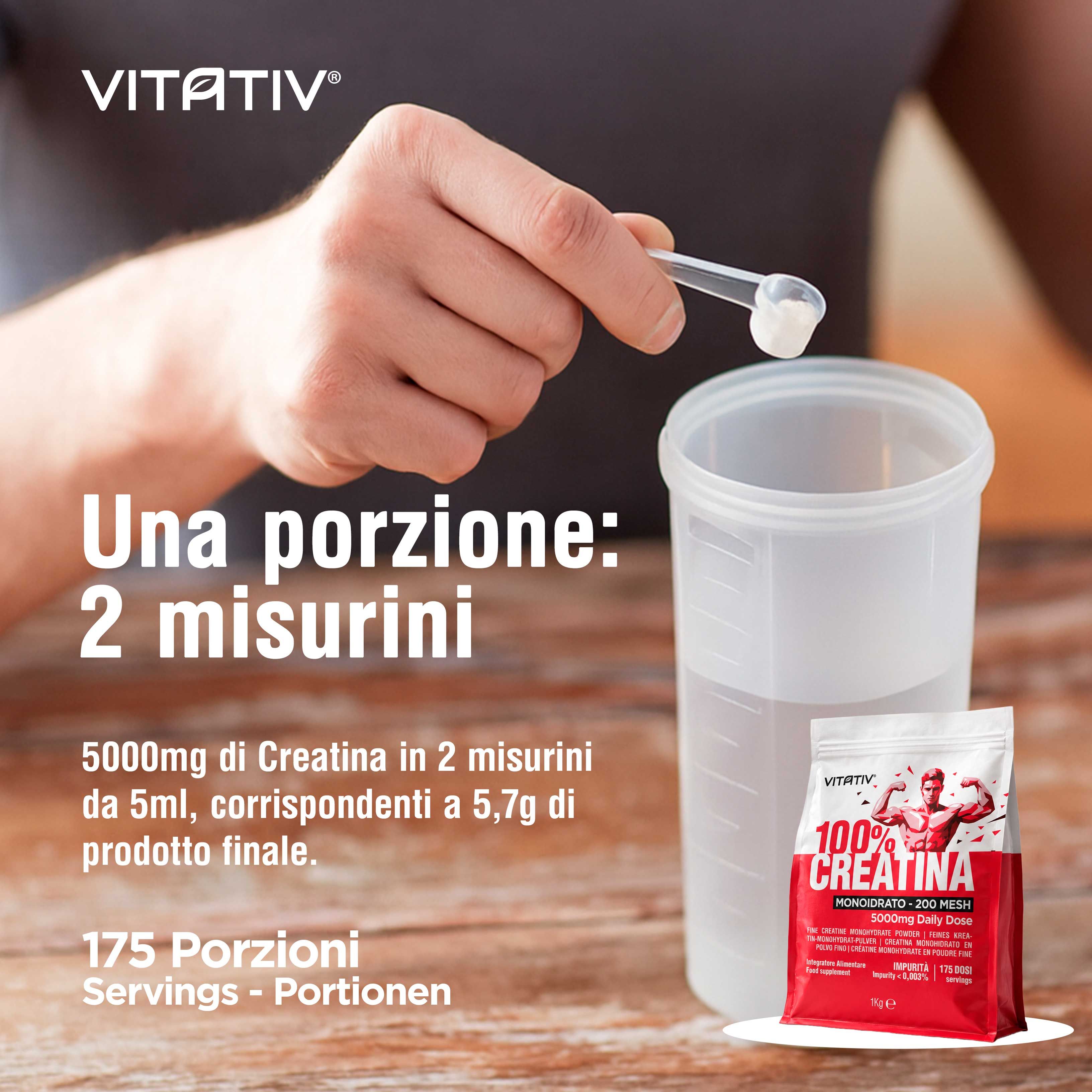 Vitativ 100% Creatina Monoidrato Polvere, 200 Mesh, busta 1kg.