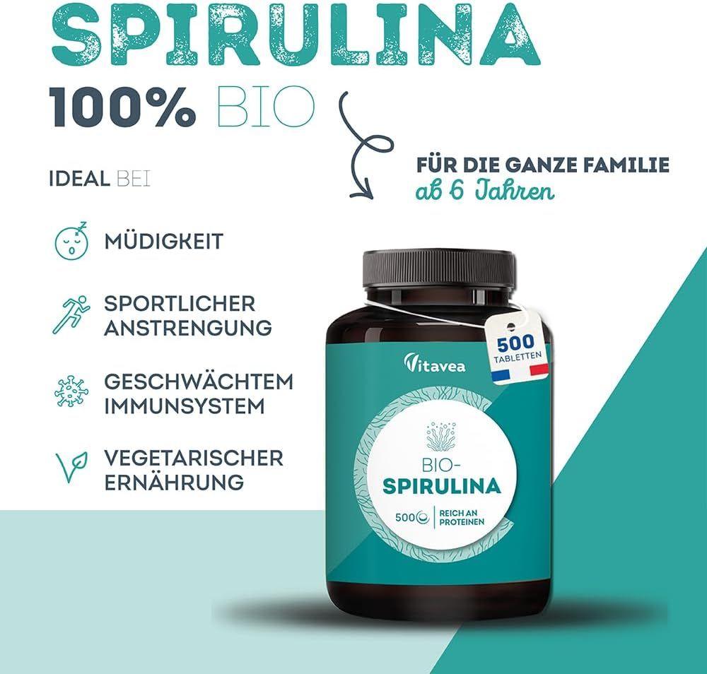 Immagine del prodotto: flacone da 500 compresse di Spirulina BIO. Testo: 100% BIO, ideale per affaticamento, sforzo sportivo, sistema immunitario indebolito.