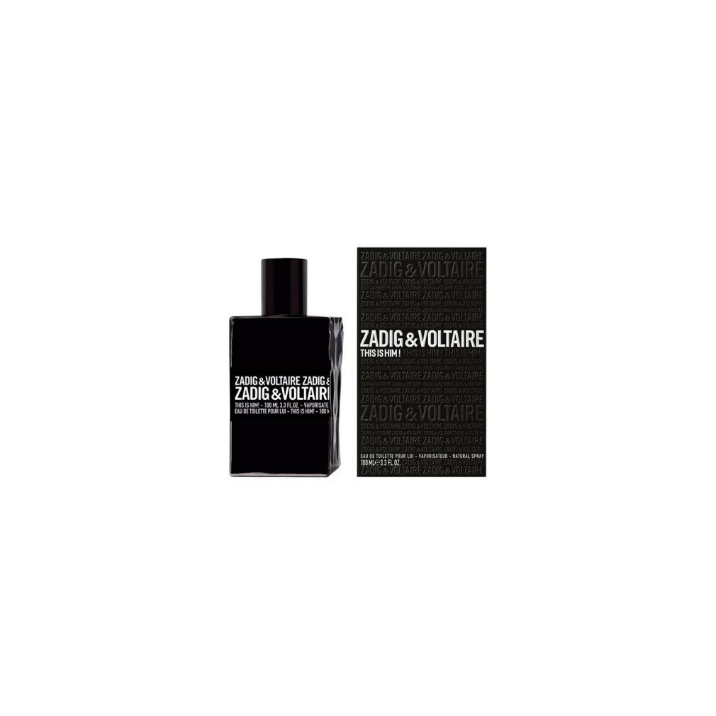 Flacone nero con tappo nero e confezione nera. Scritta: ZADIG & VOLTAIRE THIS IS HIM!