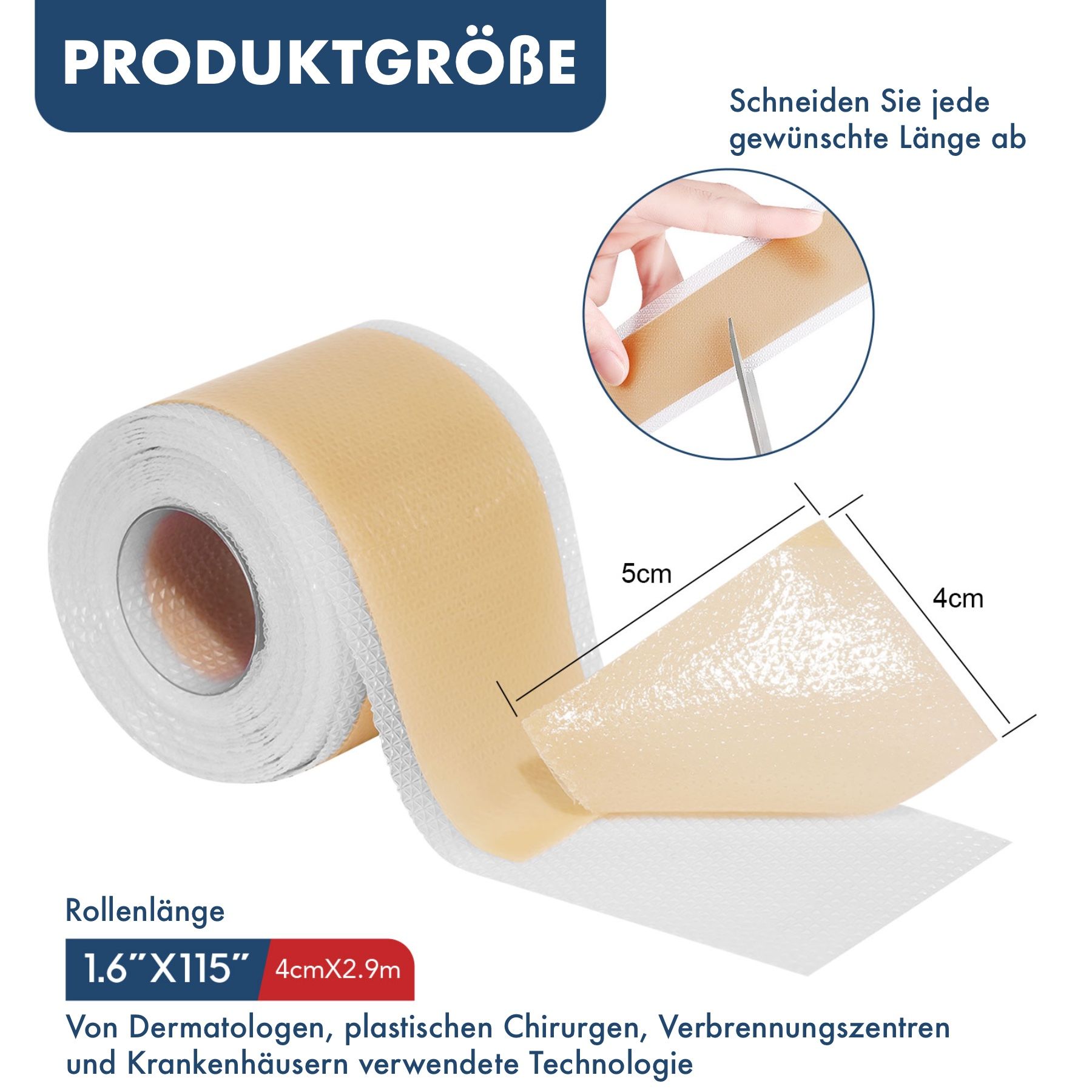 Rotolo di cerotti in silicone. Scritta: Dimensione del prodotto. Dimensioni: 1,6"x115" e 4cmx2,9m. Un pezzo viene tagliato con le forbici.