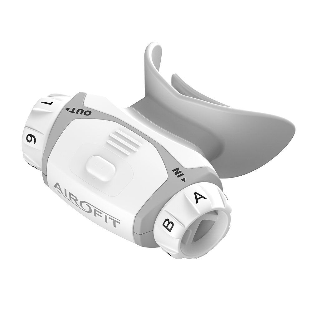 Allenatore respiratorio bianco e grigio. Manopole e boccaglio. Scritta: Airofit.