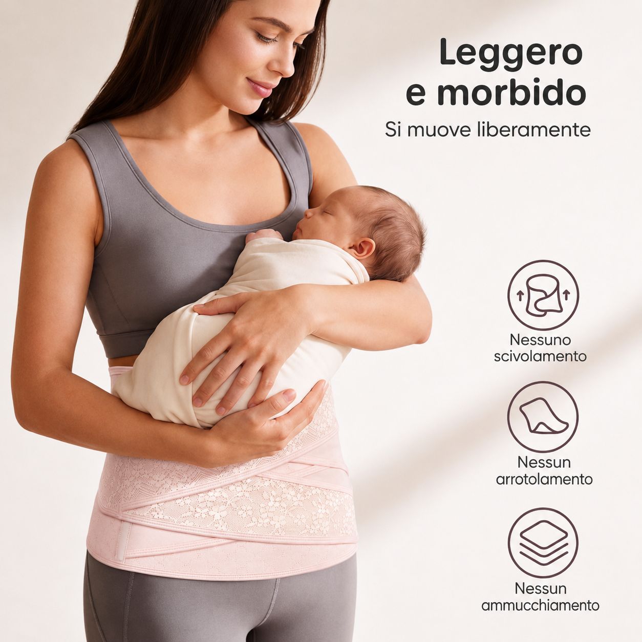 Fascia addominale rosa indossata da una donna, che mostra il supporto incrociato a V.