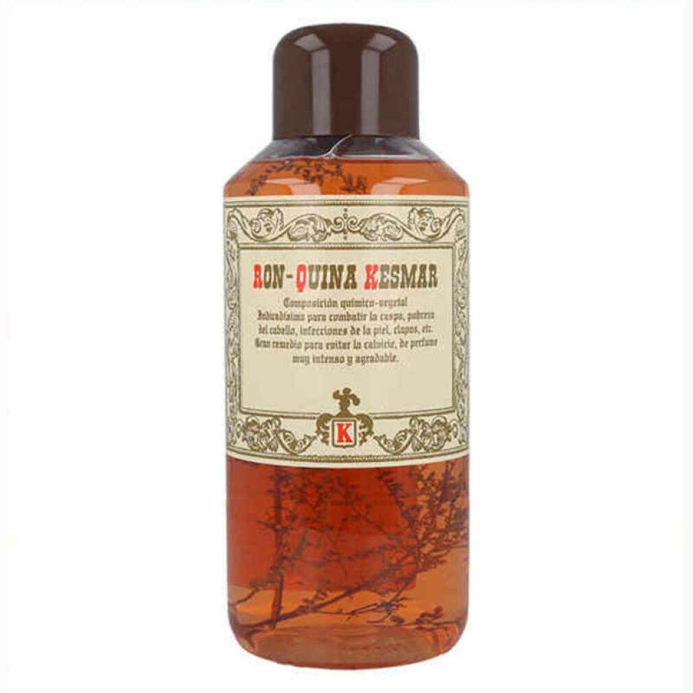 Bottiglia marrone con tappo marrone. Etichetta con testo. Liquido con erbe. Nome del prodotto: Ronquina Kesmar.