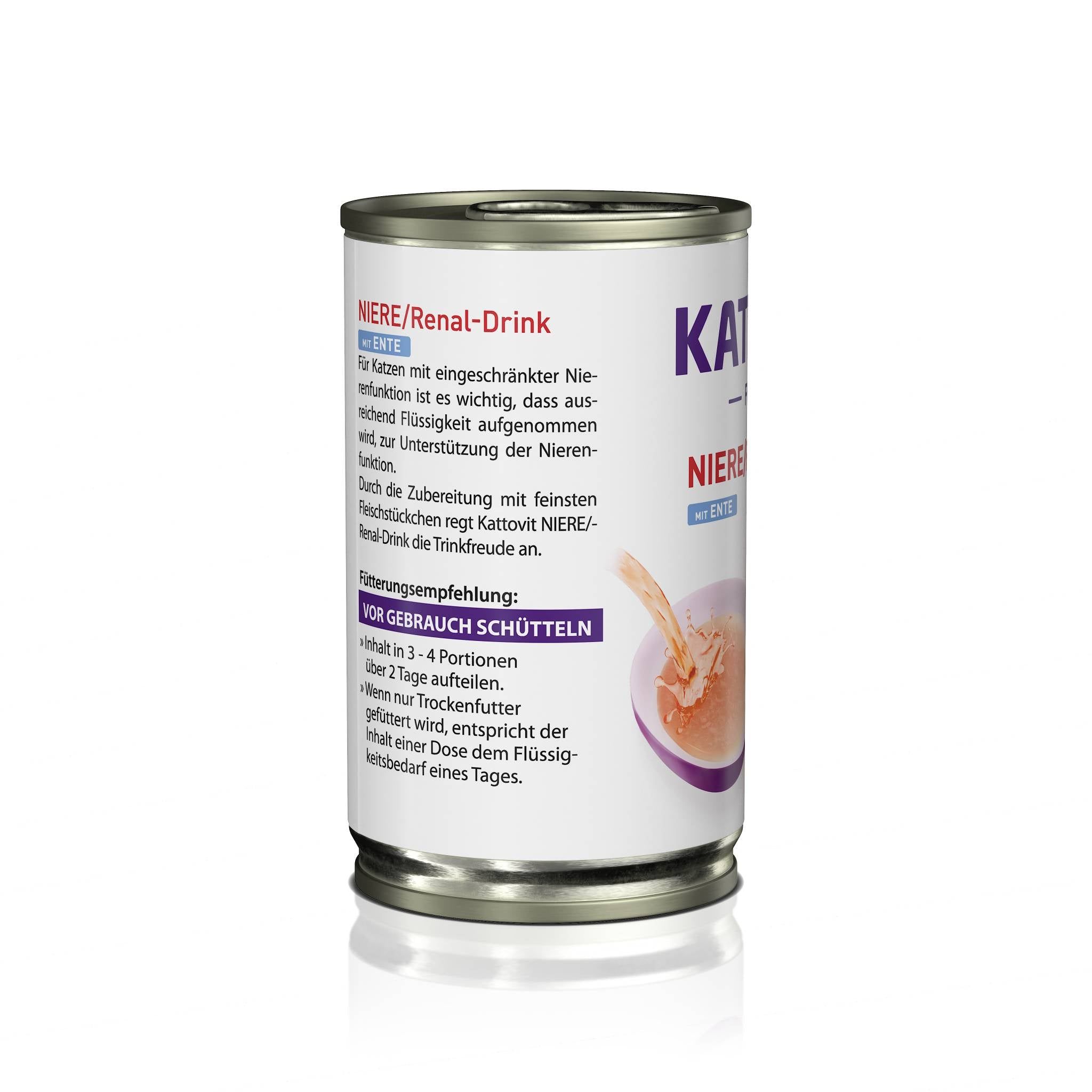 Lattina Kattovit Niere-Renal-Drink Ente. Scritta: Niere/Renal-Drink. Testo sulla funzione renale. Illustrazione gatto.