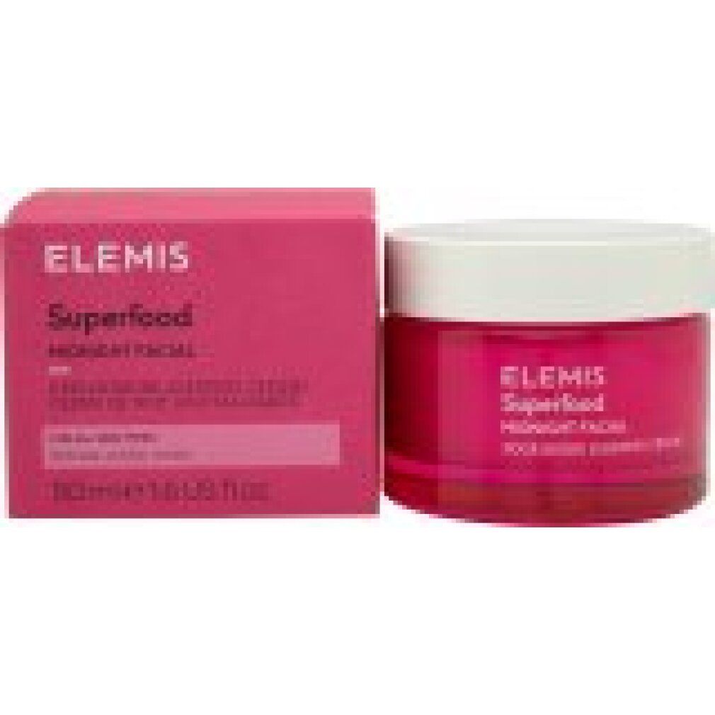 Scatola e vaso rosa. Scritta: Elemis Superfood Midnight Facial. 15 ml.