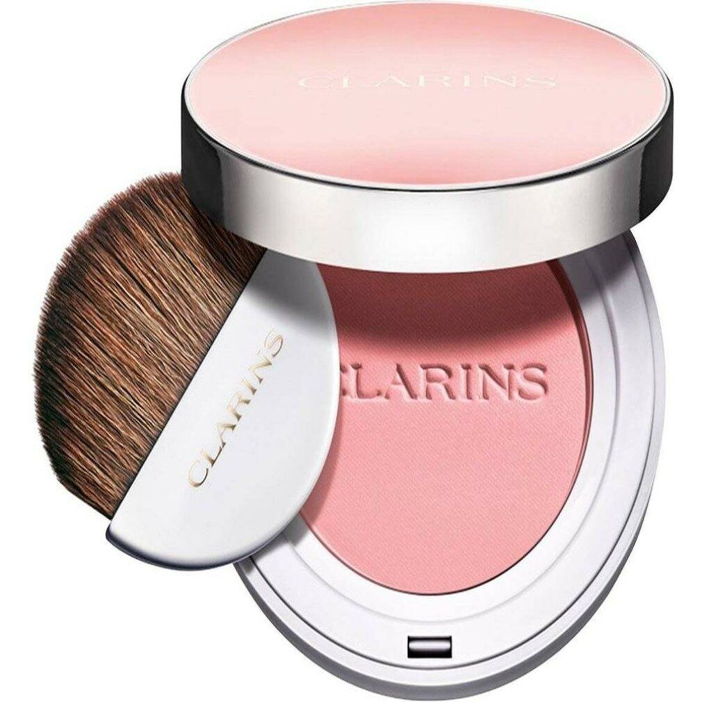 Fard Clarins rosa, con pennello. Coperchio con logo. Pennello e polvere con logo. Contenitore bianco.