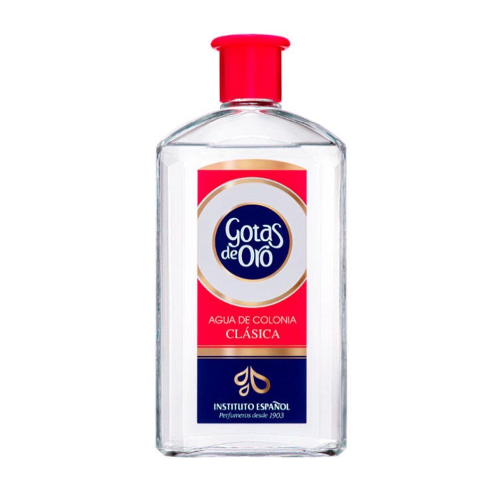Flacone trasparente con tappo rosso. Etichetta "Gotas de Oro" e "Agua de Colonia Clásica". "Instituto Español" in basso.