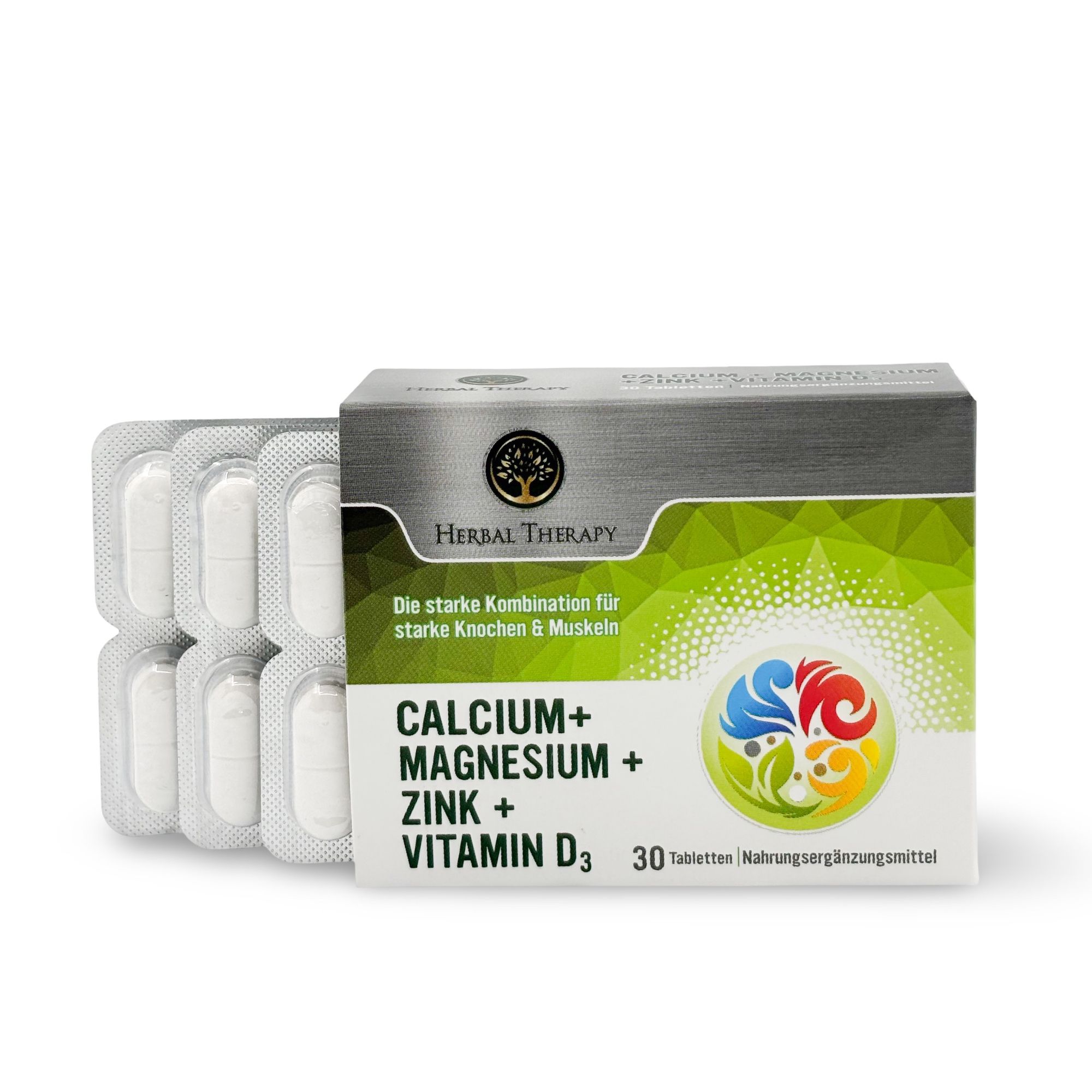 Scatola Herbal Therapy Kalzium, Magnesio, Zinco, Vitamina D3 con blister di compresse. Scritta: Calcio, Magnesio, Zinco, Vitamina D3. 30 compresse.