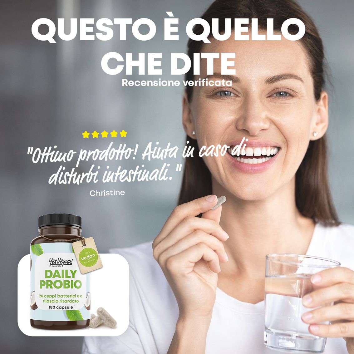 Ingredienti dettagliati di Daily Probio: fibra di acacia, 20 ceppi batterici, olio di cocco.