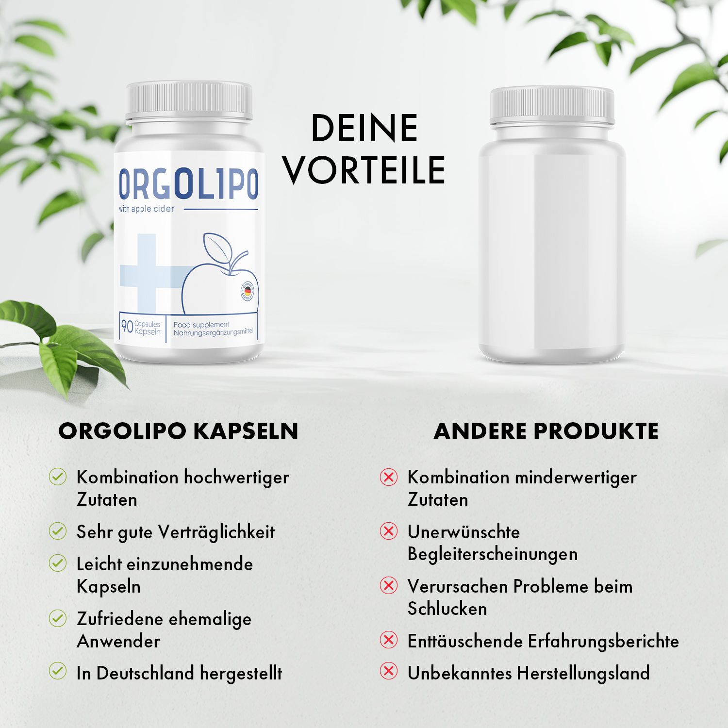 Due flaconi di capsule, uno con etichetta Orgolipo, uno senza. Testo: Capsule Orgolipo, combinazione di ingredienti di alta qualità. Altri prodotti: Ingredienti indesiderati.