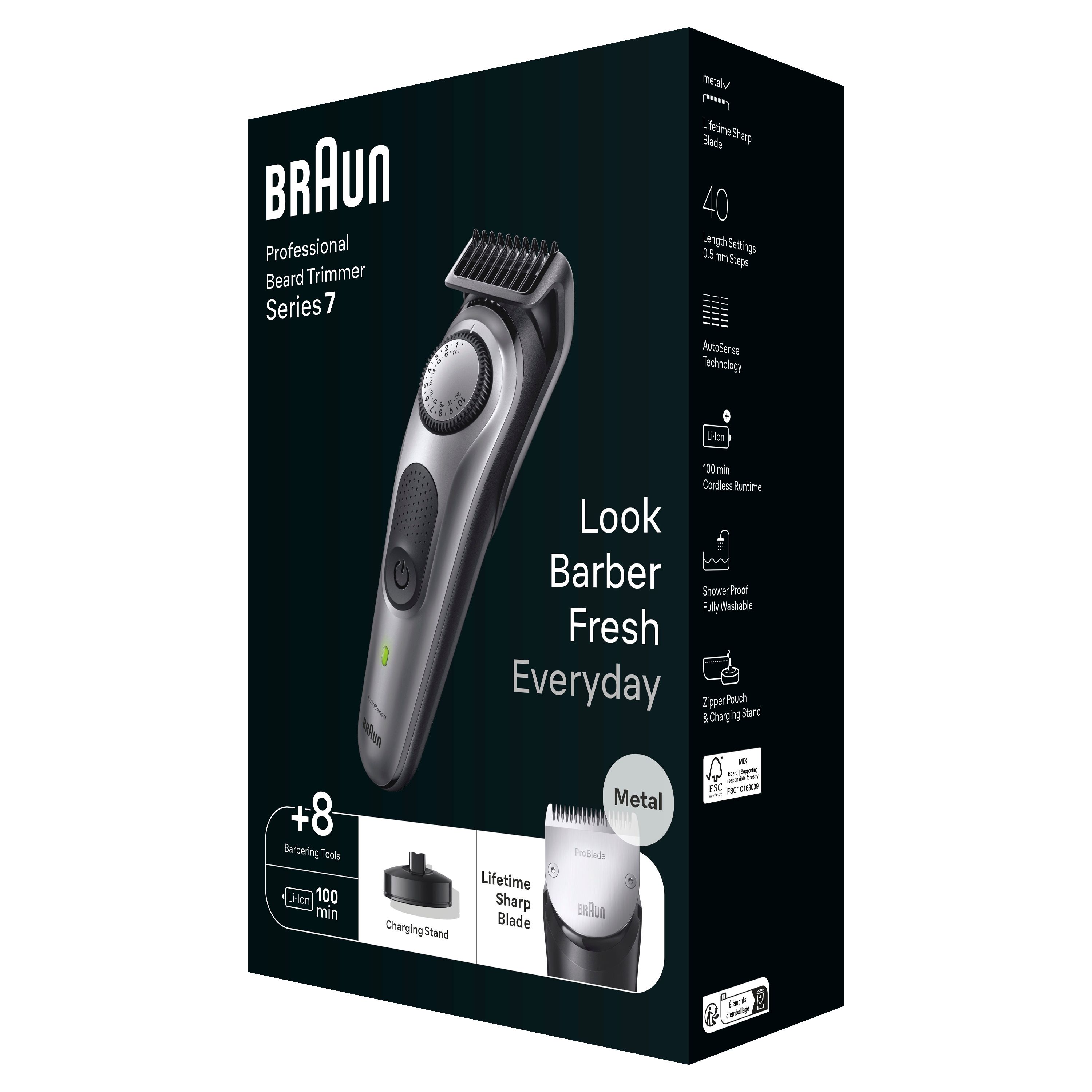 Confezione del trimmer per barba Braun Series 7. Trimmer grigio, accessori, testo: Look Barber Fresh Everyday.