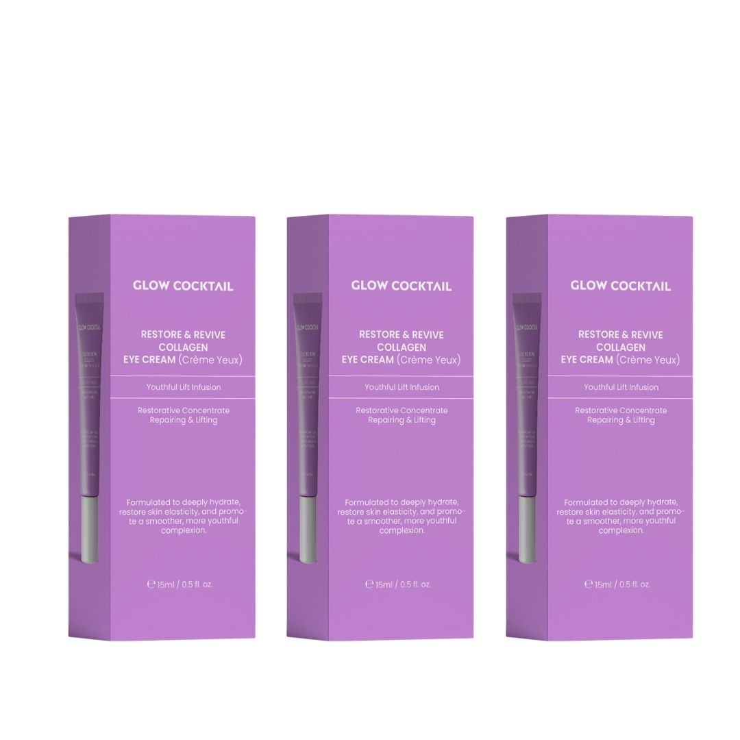 Tre scatole viola con trio di crema per gli occhi. Ogni scatola riporta "Glow Cocktail", "Restore & Revive Collagen Eye Cream".
