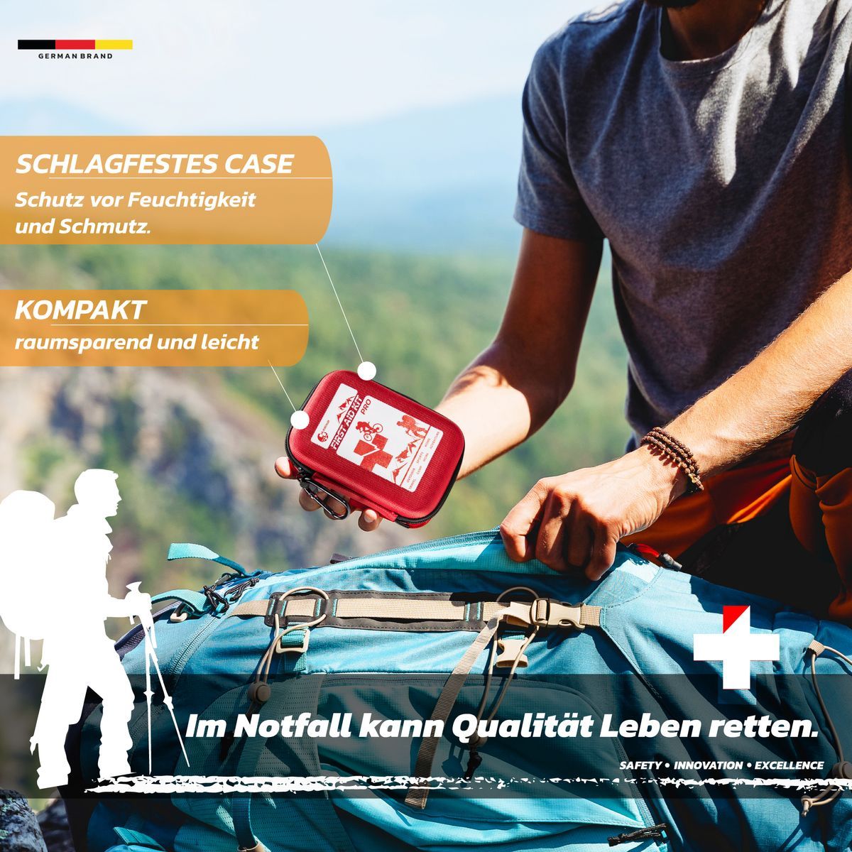 Kit di pronto soccorso rosso in uno zaino. Testo: Custodia resistente agli urti. Compatto. In caso di emergenza, la qualità può salvare vite.