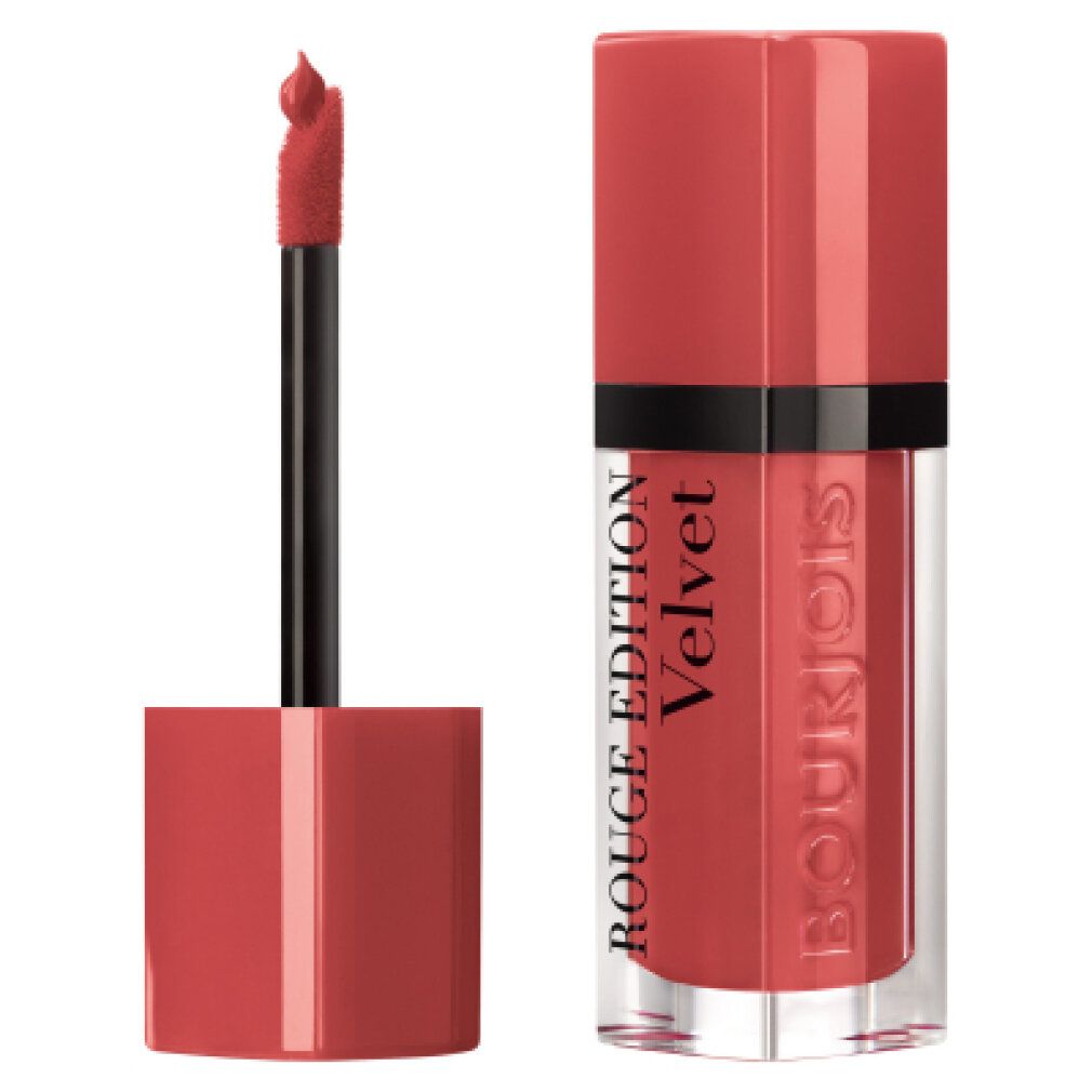 Rossetto con applicatore aperto. Scritta: Rouge Edition Velvet e Bourjois.