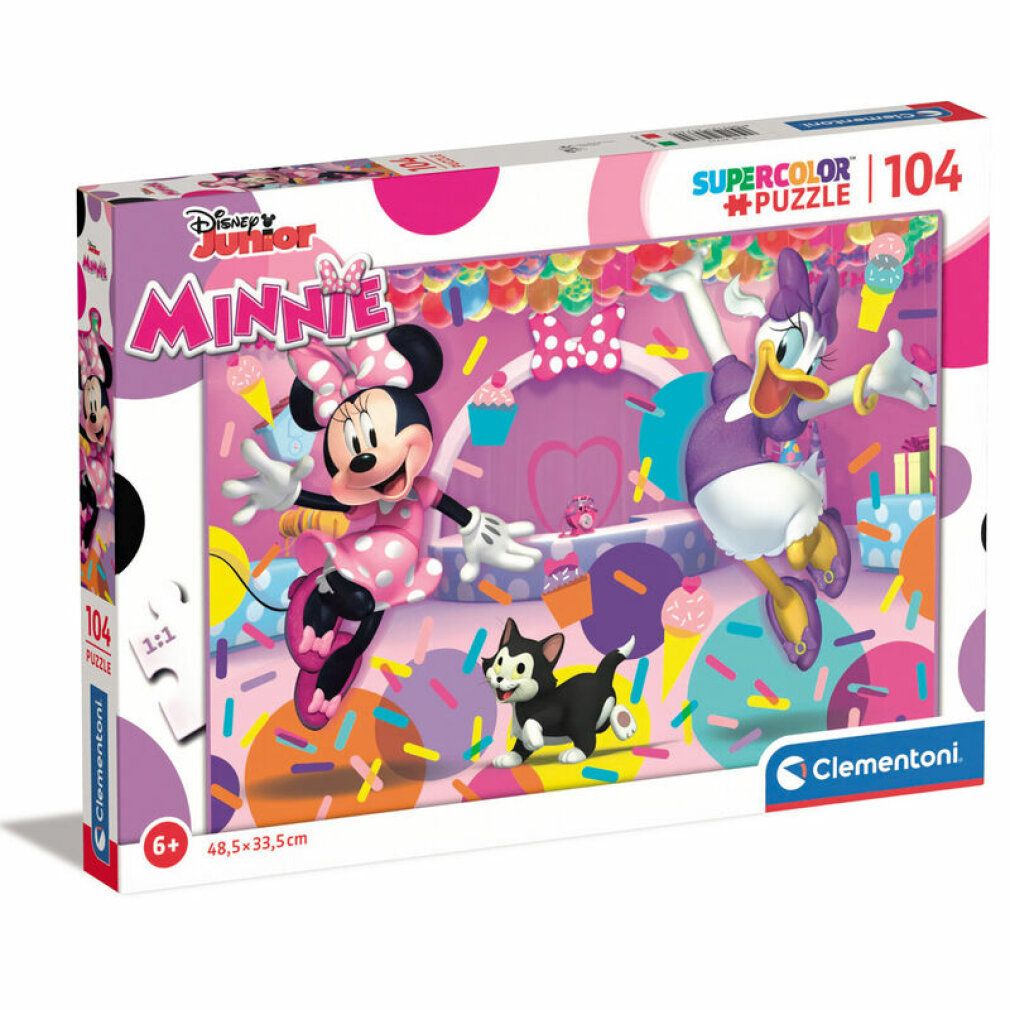 Puzzle Clementoni Minnie Mouse. 104 pezzi. Confezione con Minnie, Daisy e gatto. Dimensioni: 48,5 x 33,5 cm. Età: 6+