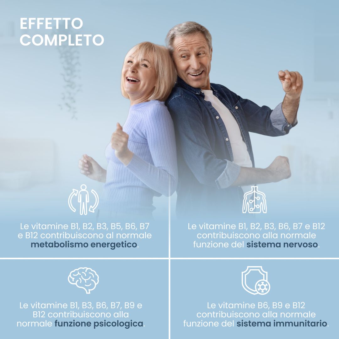Coppia anziana sorridente che mostra gli effetti positivi delle vitamine B su energia, nervi, psiche e sistema immunitario.