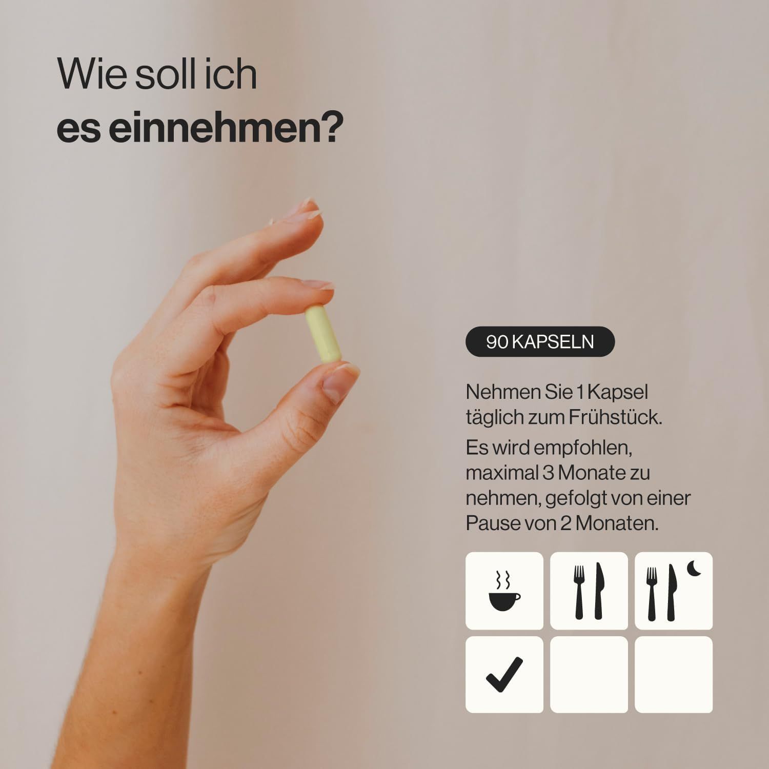 Mano che tiene una capsula gialla. Testo: 90 capsule. Consigli d'uso con simboli colazione, pranzo e cena.