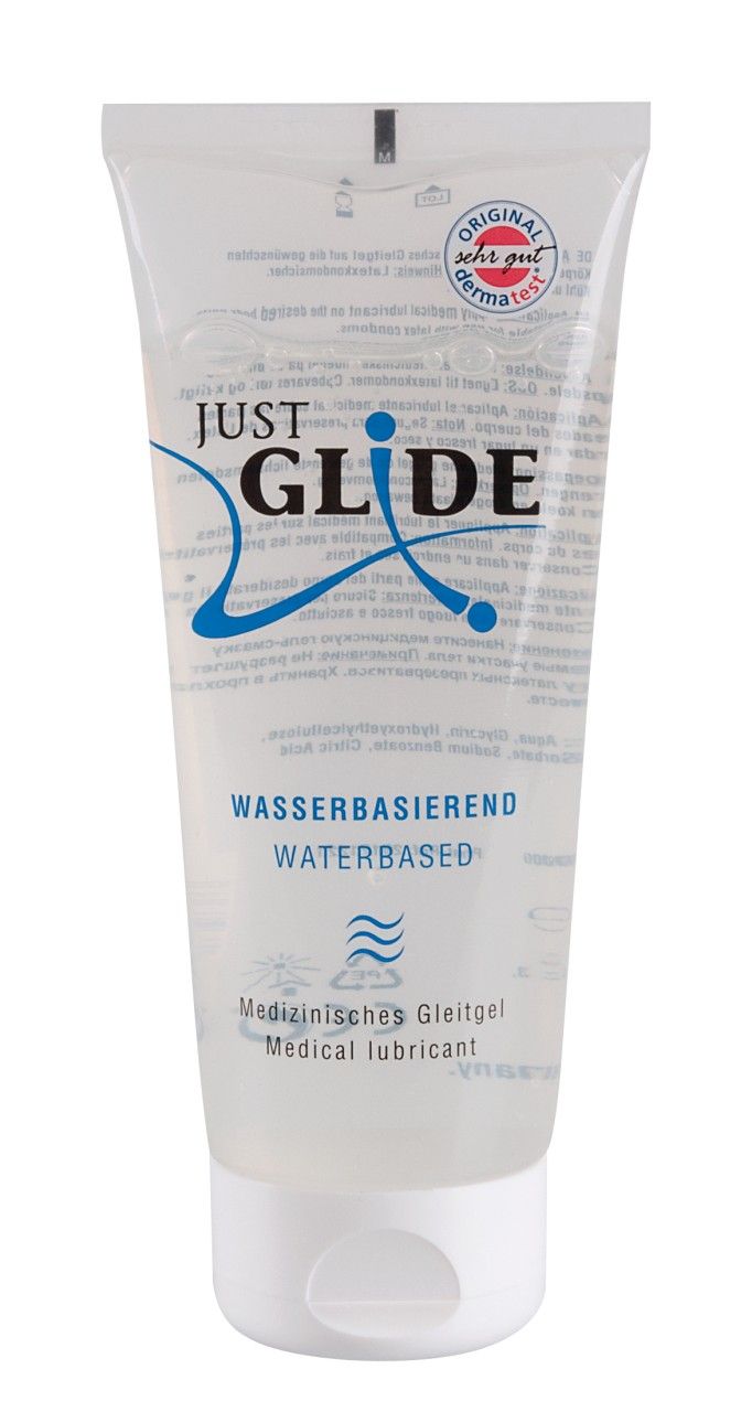 Lubrificante medico Just Glide a base d'acqua in tubo trasparente con sigillo.