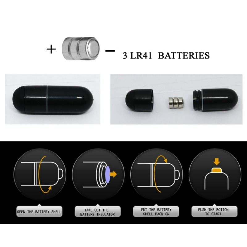 Istruzioni per la batteria. Batteria nera. 3 batterie LR41. Passaggi: aprire, rimuovere, inserire, premere.
