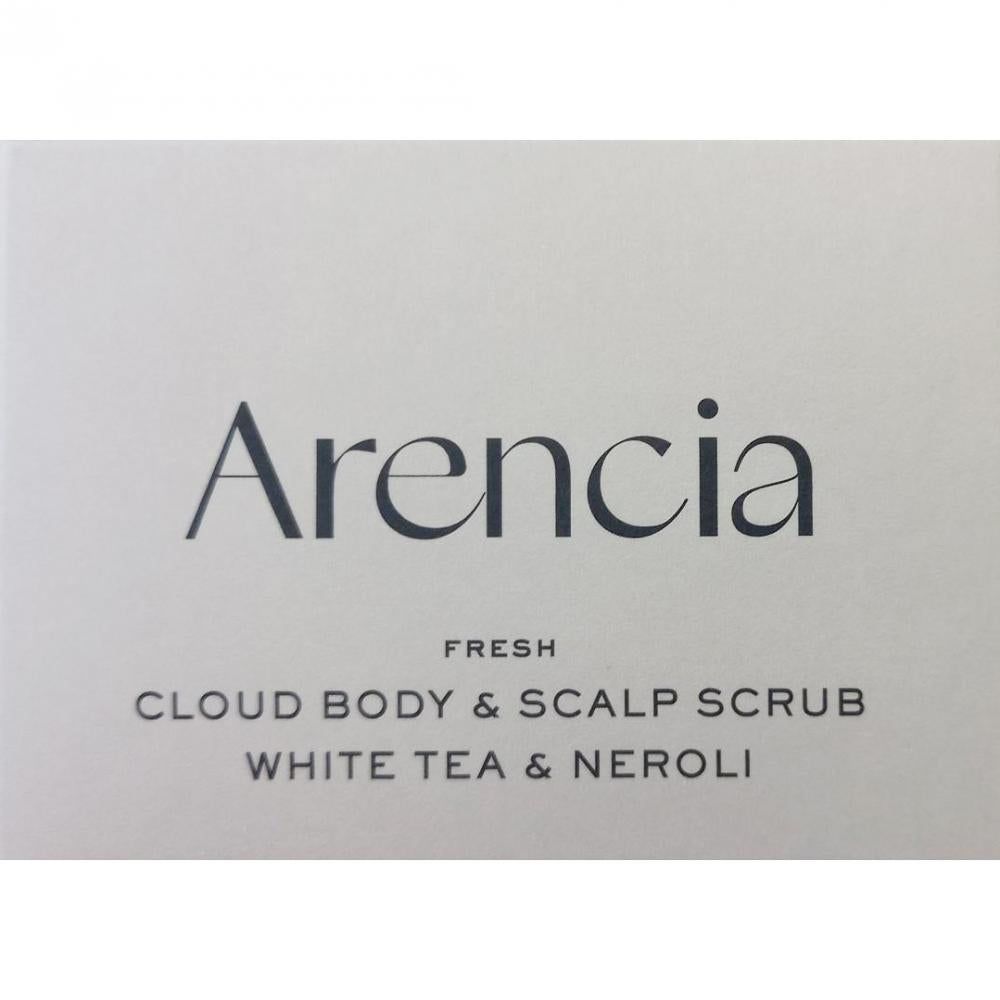 Confezione bianca con scritta ARENCIA, « FRESH CLOUD BODY & SCALP SCRUB WHITE TEA & NEROLI ».