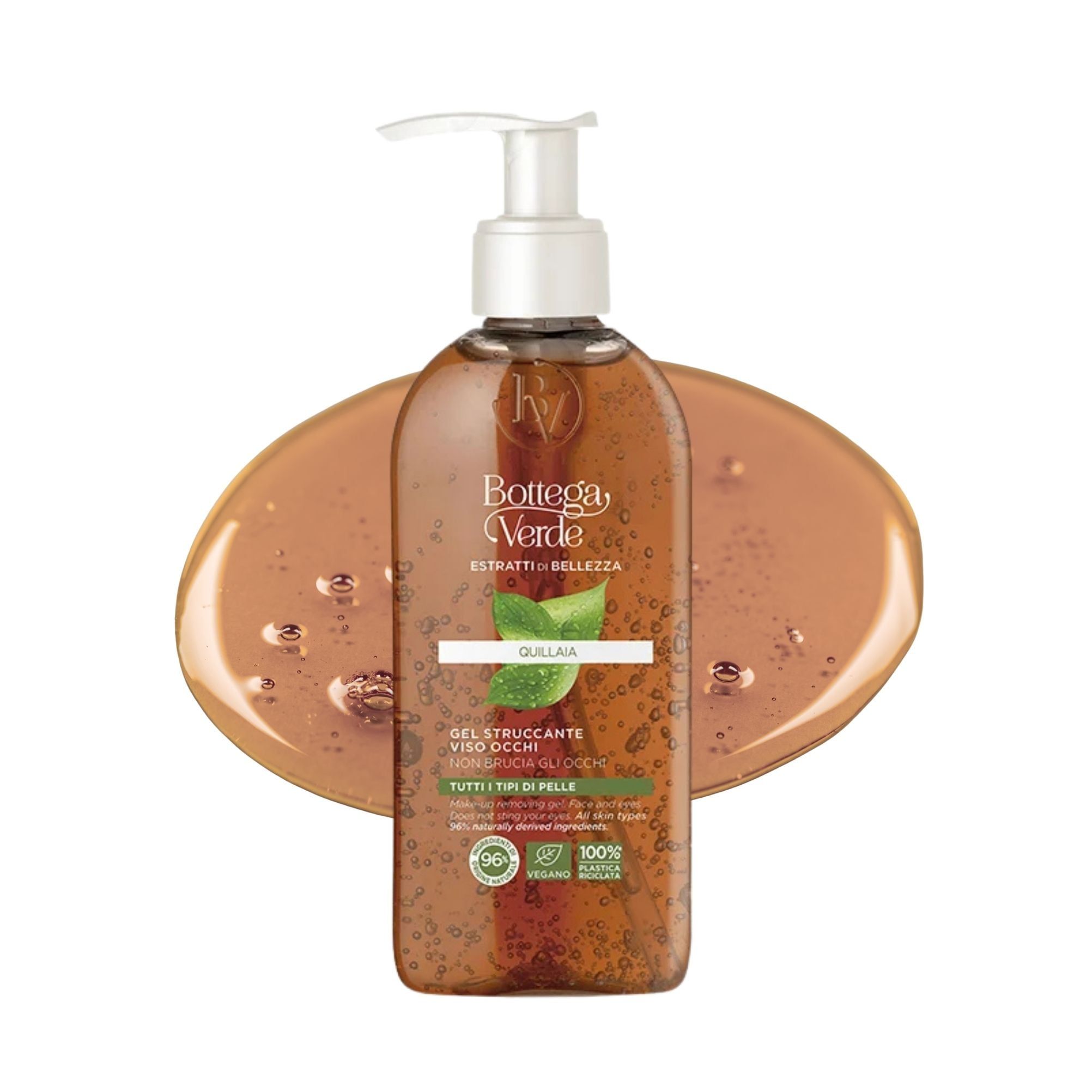 Bottega Verde gel doccia alla quinoa in flacone marrone con dispenser. Liquido trasparente con bollicine.
