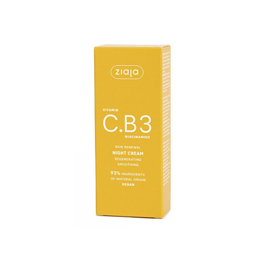 Scatola di crema da notte Ziaja Vitamina C.B3 Niacinamide. Scatola gialla con scritte bianche.