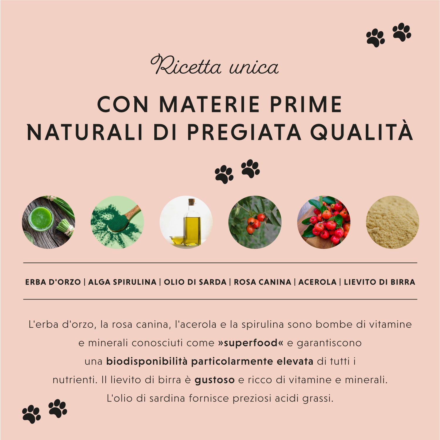 Cerchio con ingredienti: Erba d'orzo, alga spirulina, olio di sardina, rosa canina, acerola, lievito di birra. Testo.