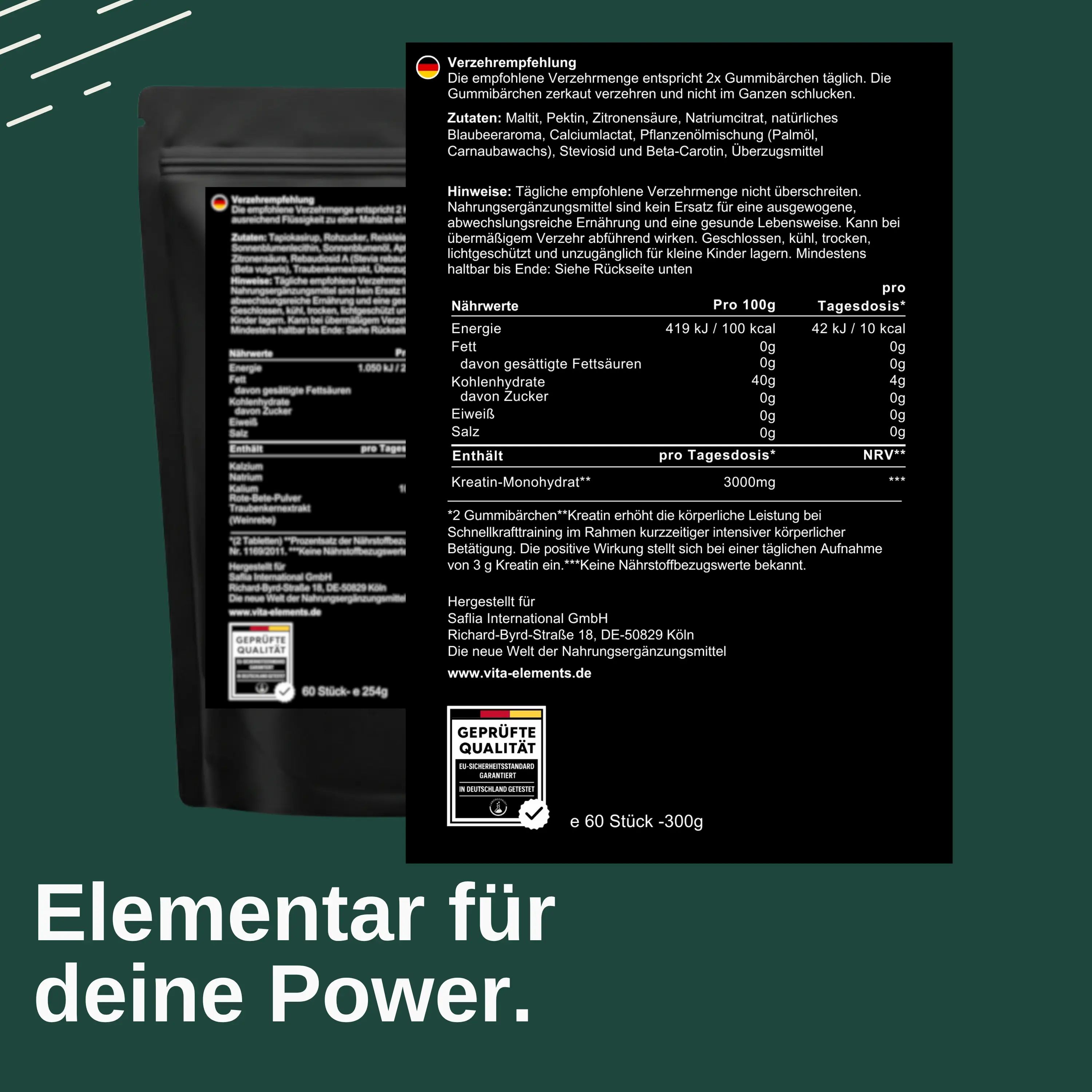 Retro della confezione Vita Elements Kreatin Monohydrat Gummibärchen con informazioni nutrizionali e sigillo.