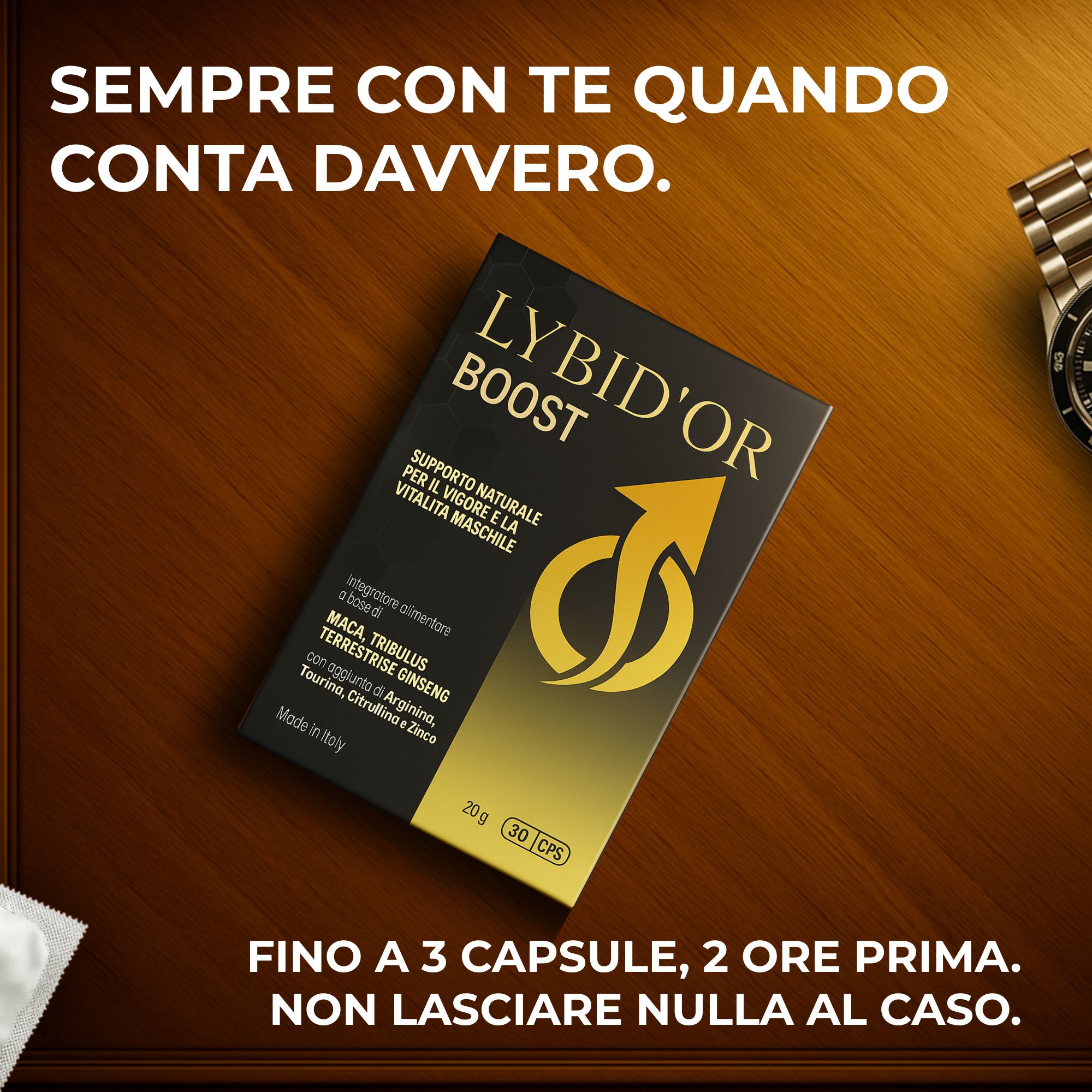Confezione di Lybid'Or Boost, integratore alimentare con simbolo maschile.