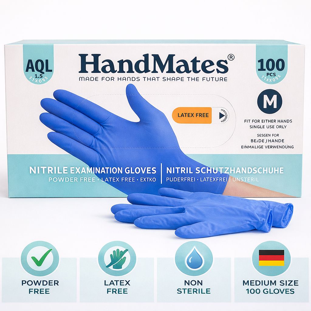 Scatola di guanti protettivi in nitrile blu, senza lattice e senza polvere, taglia M, 100 pezzi. Con marchi di qualità.