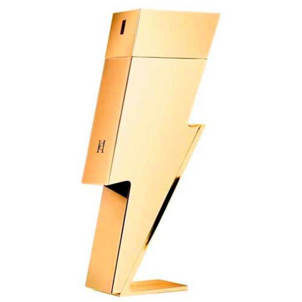Flacone dorato a forma di fulmine. Scritta: H. Il flacone è su una piccola base.