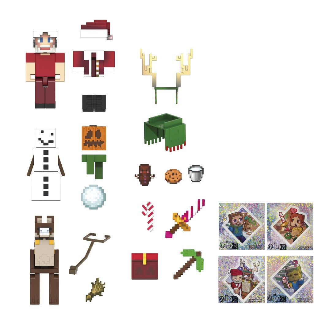 Figure e accessori Minecraft smontati. Include Babbo Natale, un pupazzo di neve, una renna, una palla di neve, carte e altri elementi.