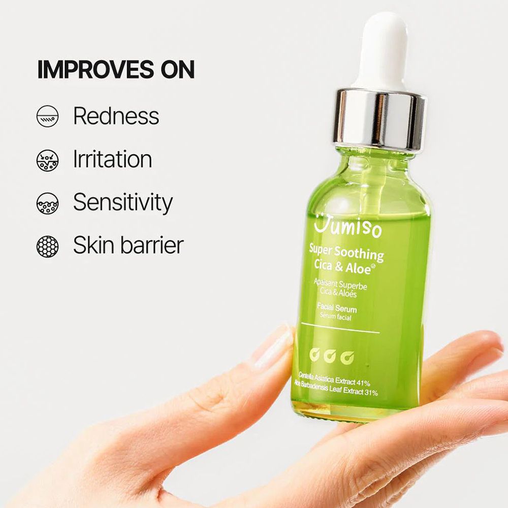 Flacone di vetro verde con tappo bianco e pipetta, tenuto da una mano. Scritta: Super Soothing Cica & Aloe. Testo: Redness, Irritation, Sensitivity, Skin barrier.