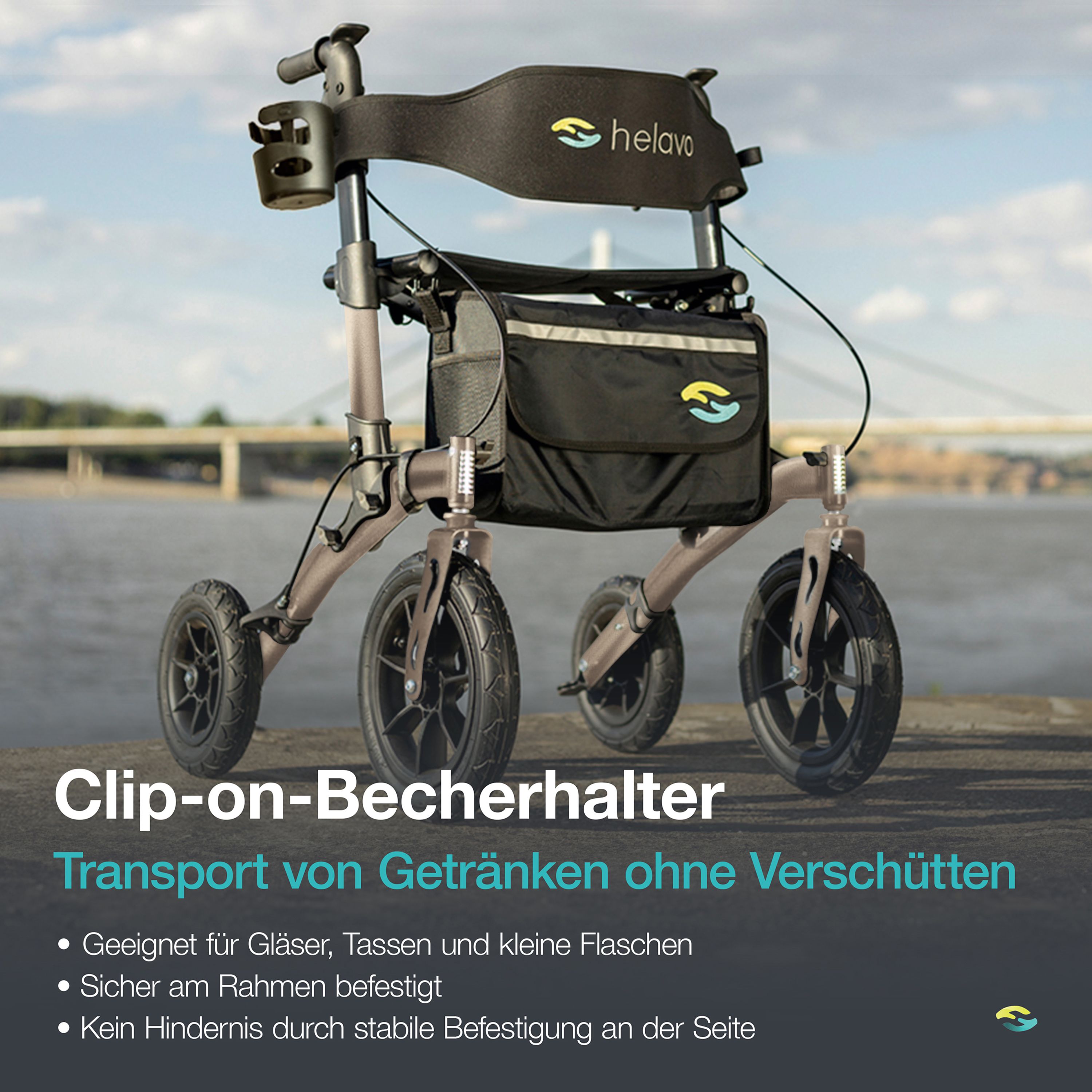 Rollator con portabicchieri a clip per bicchieri e bottiglie, fissato saldamente al telaio.