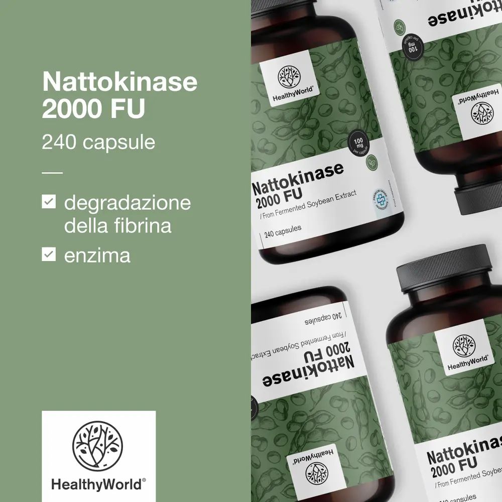 Diversi flaconi con capsule. Scritta: Nattokinase 2000 FU. 240 capsule. Marchio: HealthyWorld. Caselle di controllo.