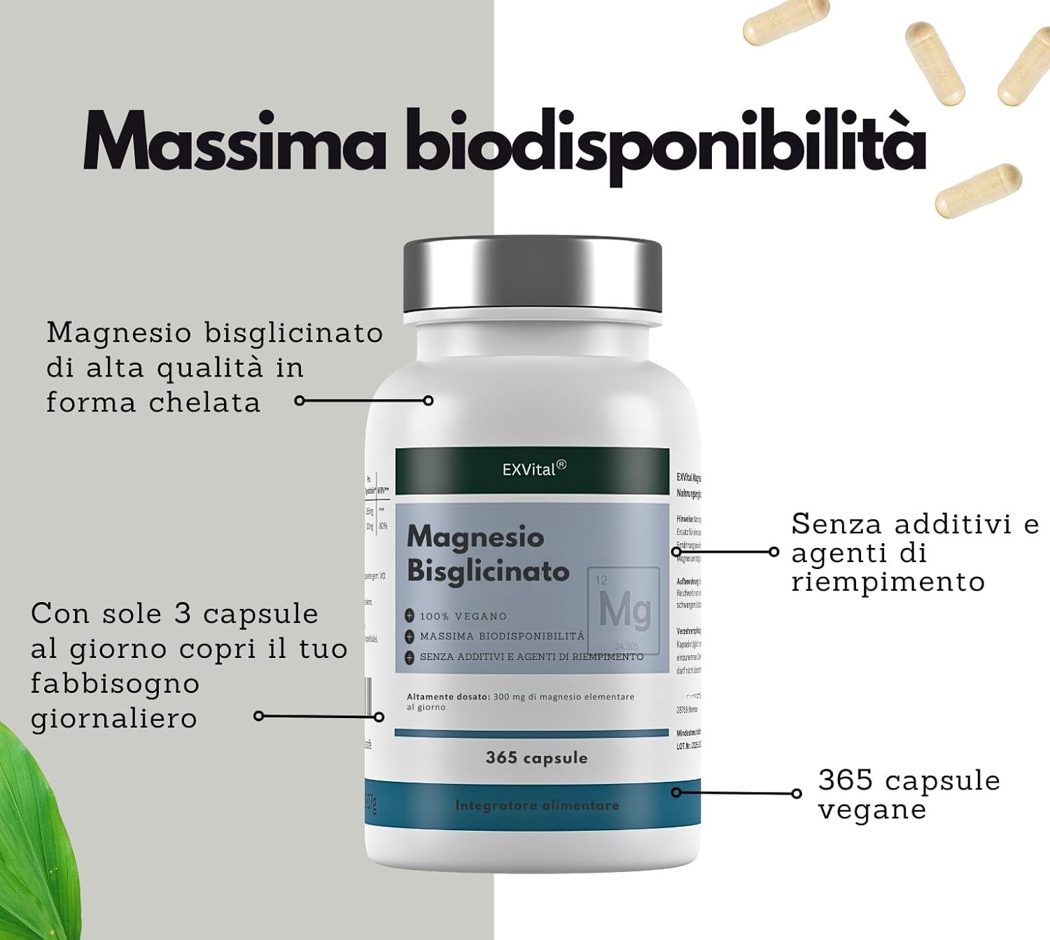 Flacone bianco con coperchio argentato. Scritta: Magnesio Bisglicinato, 365 capsule, vegano, senza additivi. Testo: Massima biodisponibilità.