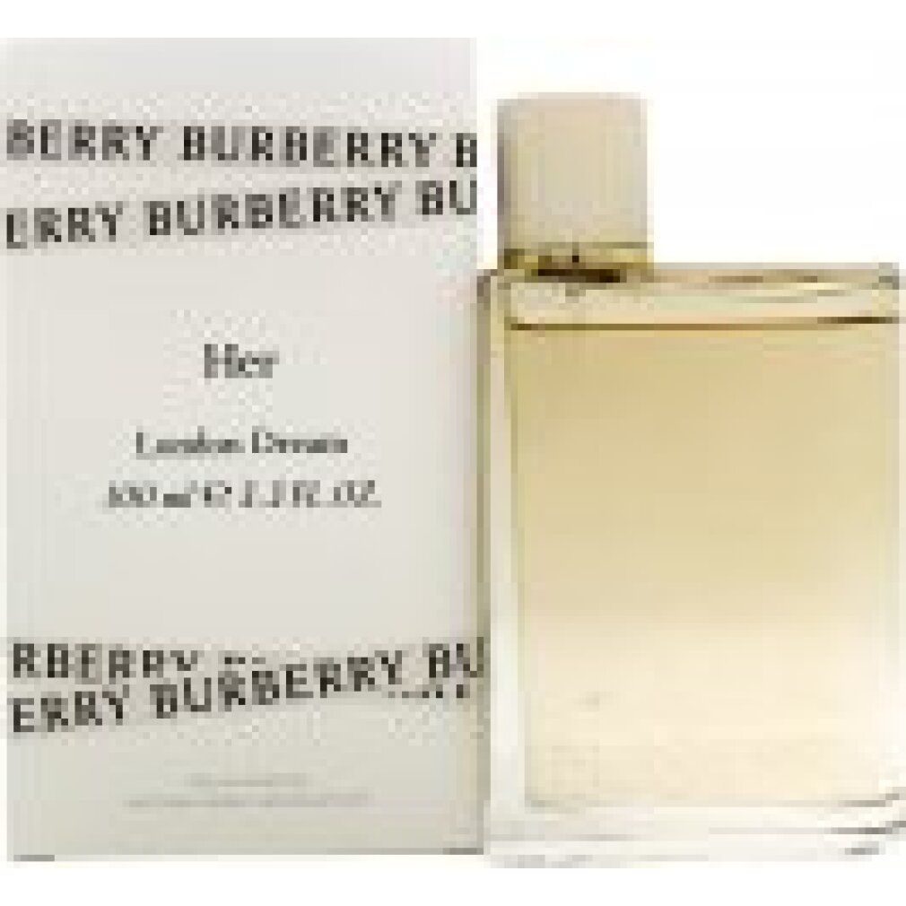 Flacone di profumo e confezione. Flacone quadrato, trasparente, dorato. Confezione bianca, logo Burberry.