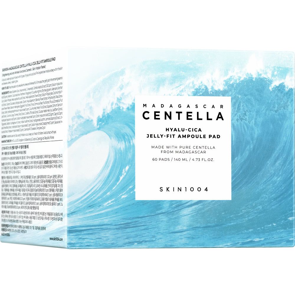 Confezione con logo SKIN1004 e informazioni prodotto. Scritta Hyalu-Cica Jelly-Fit Ampoule Pad. 60 pad.