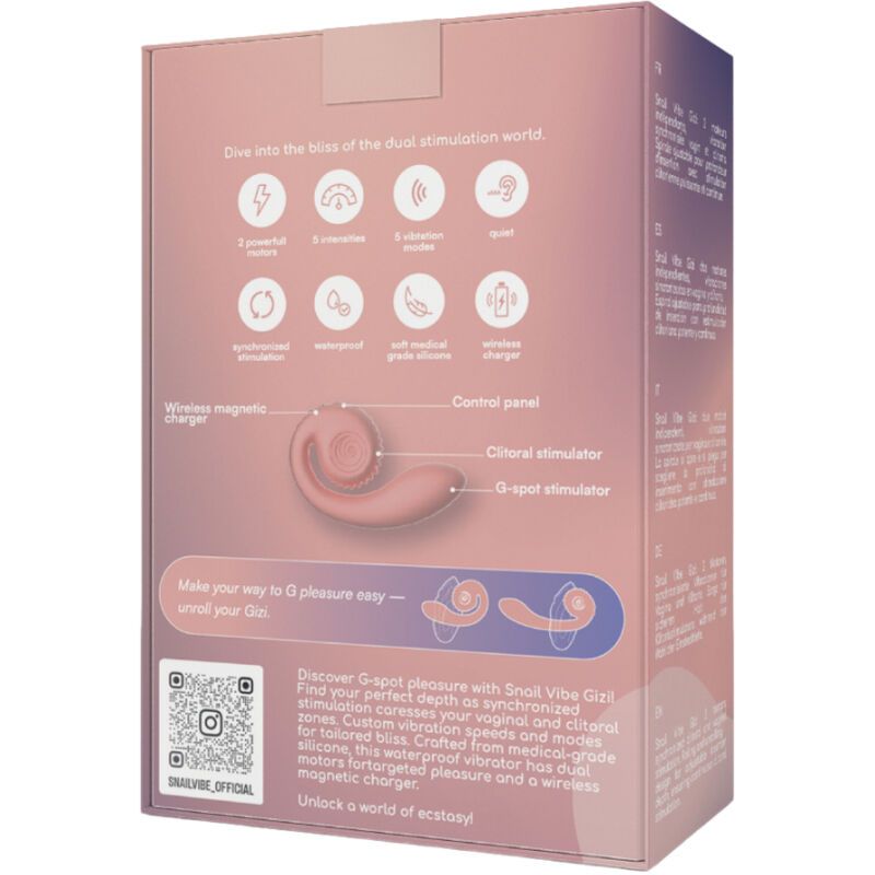 Retro della confezione Snail Vibe Gizi. Diagrammi e testo. Contiene informazioni su funzioni e accessori.