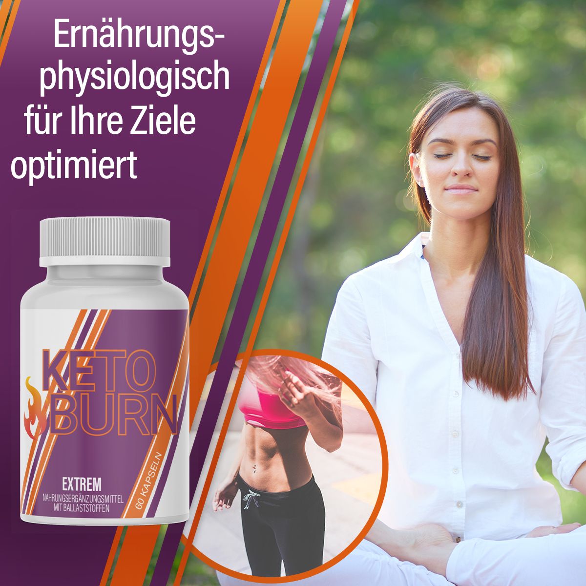 Flacone bianco con etichetta viola-arancione. Scritta: KETO BURN, EXTREM, 60 capsule. Donna medita.
