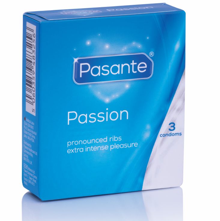 Confezione da 3 preservativi Pasante Passion con coste pronunciate per un piacere extra intenso.