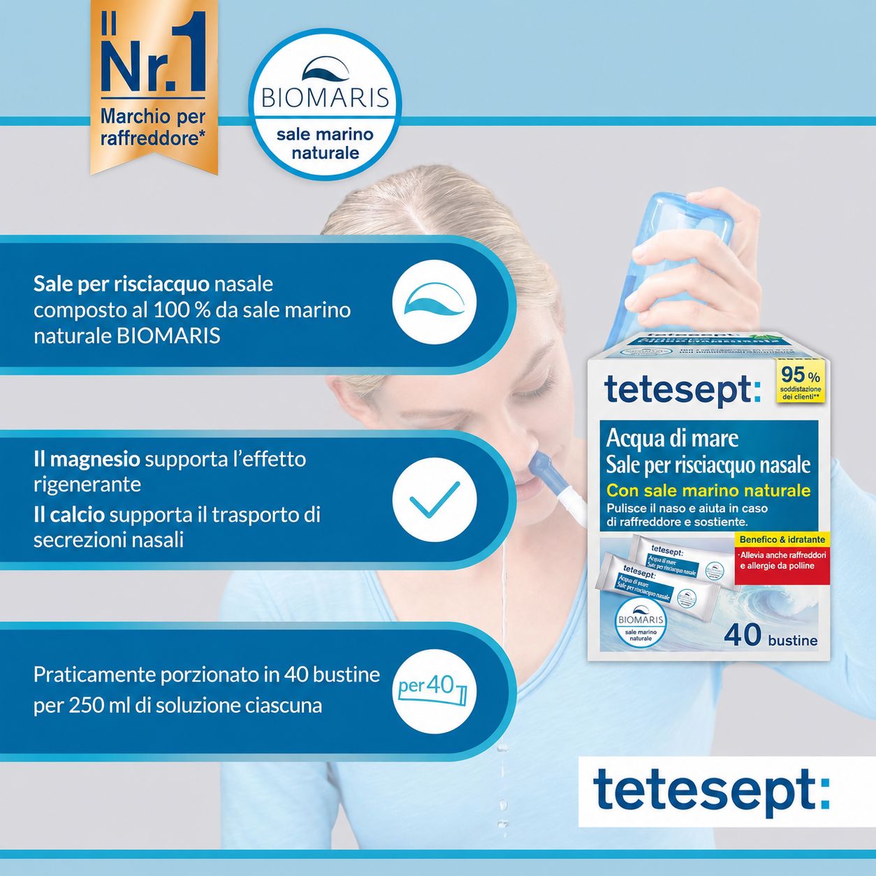 Donna usa doccia nasale. Accanto: confezione di tetesept Meerwasser Nasenspülsalz. Contiene 40 bustine. Testo: Con sale marino naturale.